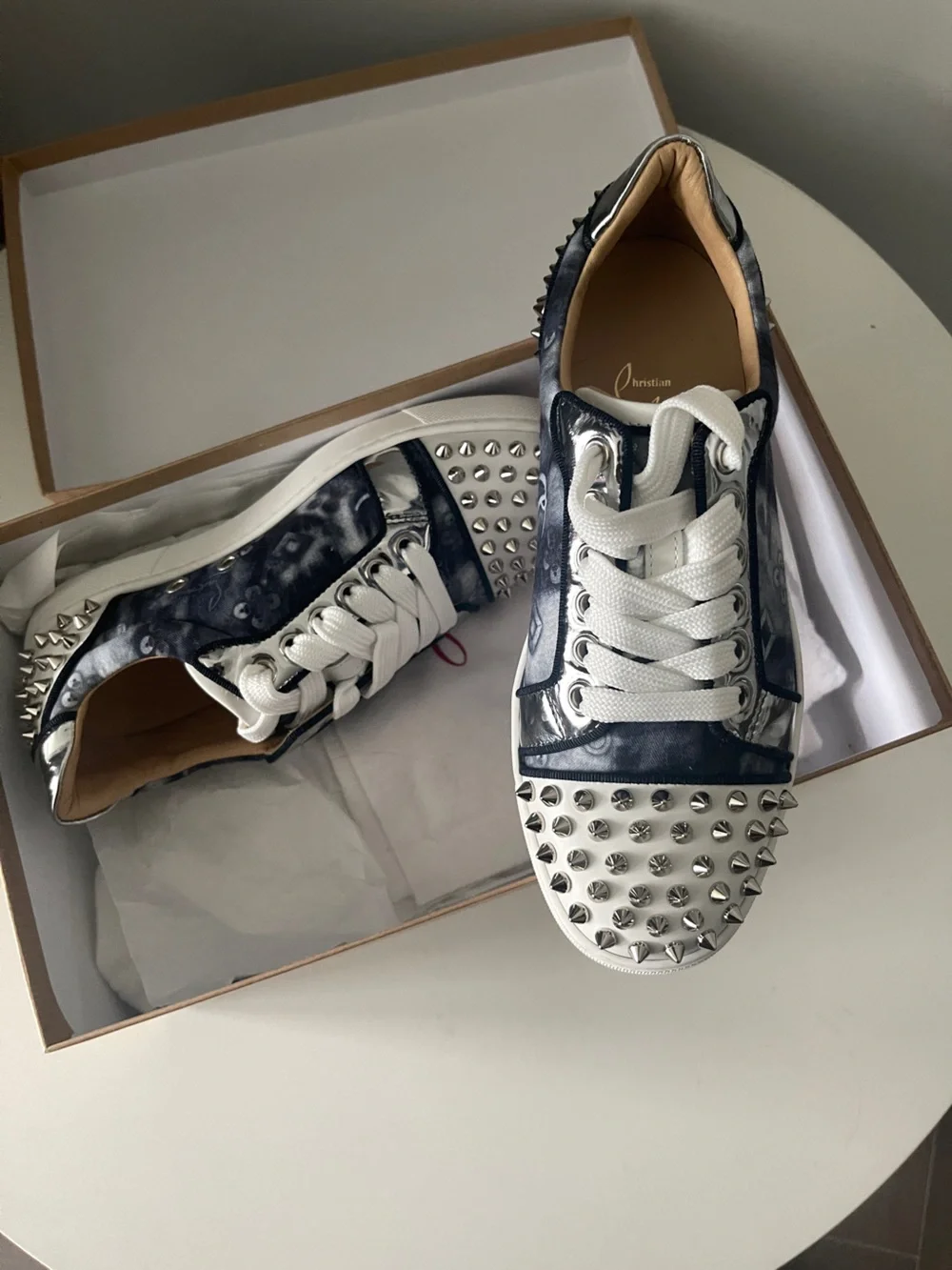 Christian Louboutin Men’s Navy Patterned and White Spike-Stud Sneakers